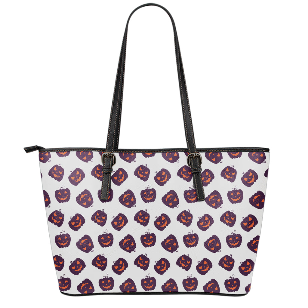 Purple Halloween Pumpkin Pattern Print Leather Tote Bag