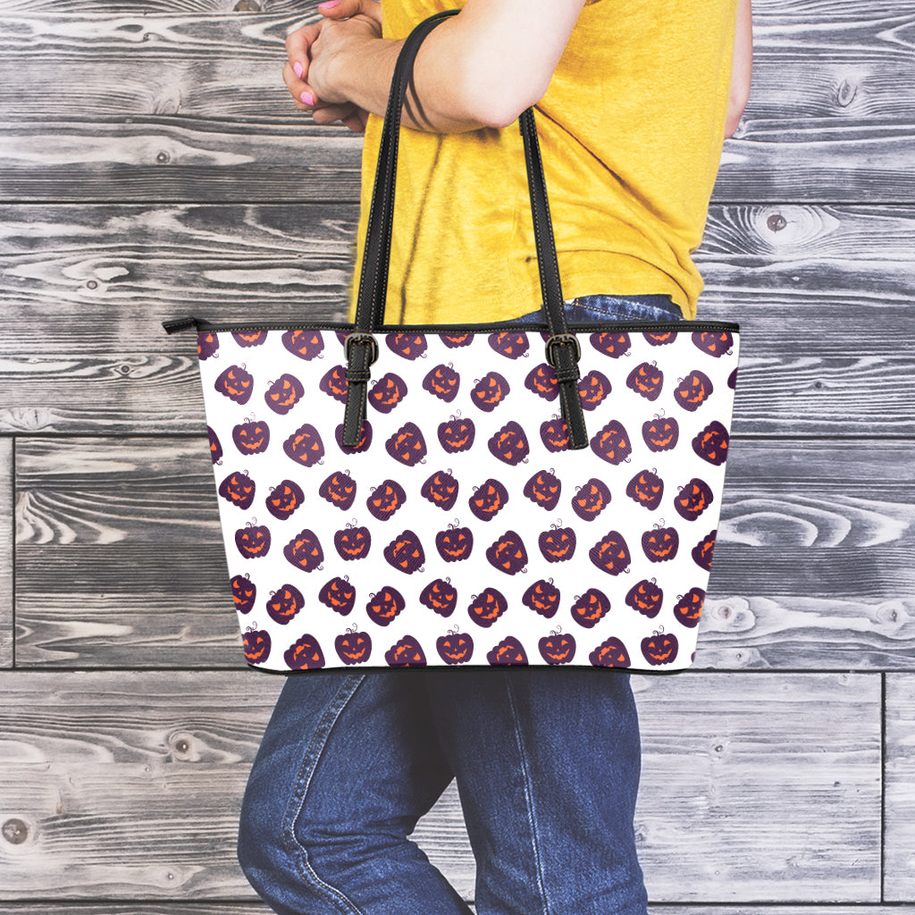 Purple Halloween Pumpkin Pattern Print Leather Tote Bag