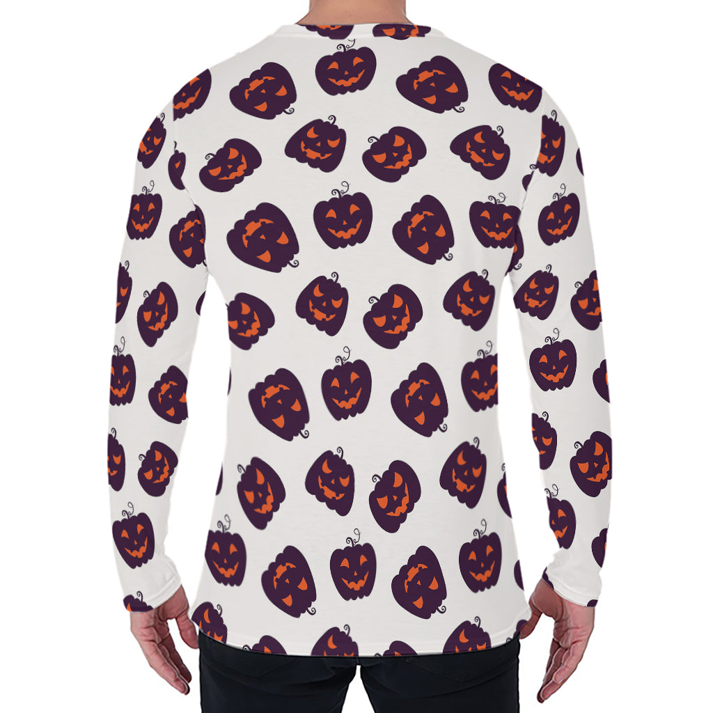 Purple Halloween Pumpkin Pattern Print Men's Long Sleeve T-Shirt