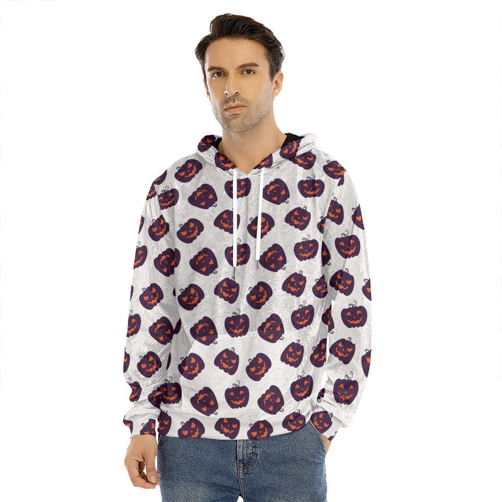 Purple Halloween Pumpkin Pattern Print Men's Velvet Pullover Hoodie
