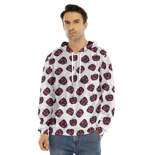 Purple Halloween Pumpkin Pattern Print Men's Velvet Pullover Hoodie