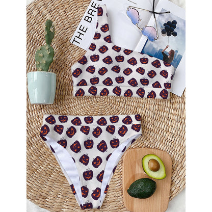 Purple Halloween Pumpkin Pattern Print One Shoulder Bikini Top