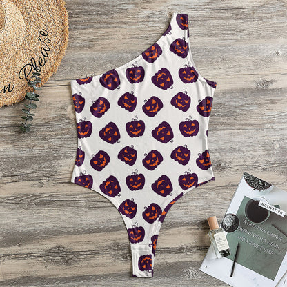Purple Halloween Pumpkin Pattern Print One Shoulder Bodysuit