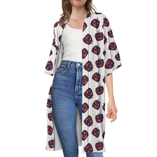 Purple Halloween Pumpkin Pattern Print Open Front Beach Cover Up