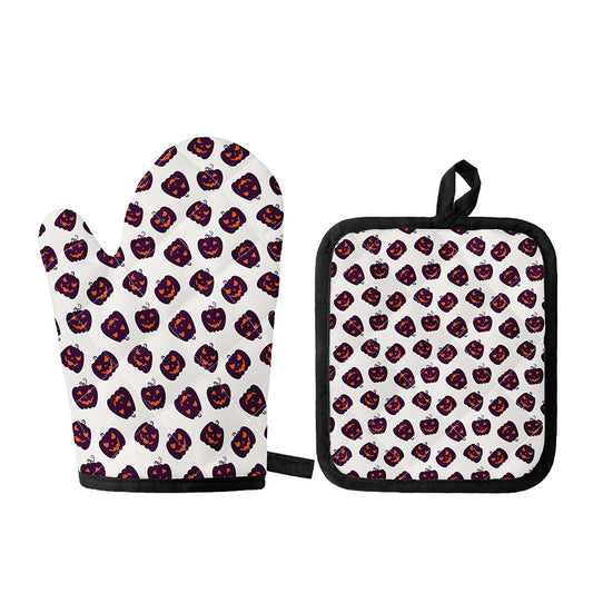 Purple Halloween Pumpkin Pattern Print Oven Mitt And Pot Holder Set