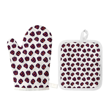 Purple Halloween Pumpkin Pattern Print Oven Mitt And Pot Holder Set
