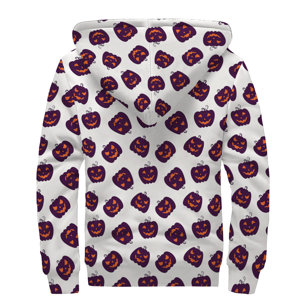 Purple Halloween Pumpkin Pattern Print Sherpa Lined Zip Up Hoodie