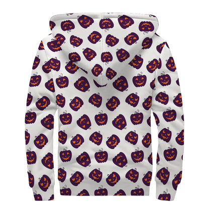 Purple Halloween Pumpkin Pattern Print Sherpa Lined Zip Up Hoodie