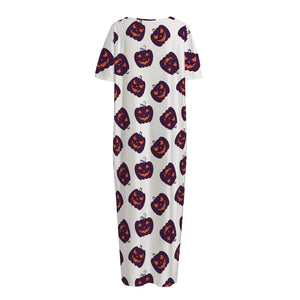 Purple Halloween Pumpkin Pattern Print Short Sleeve Long Nightdress