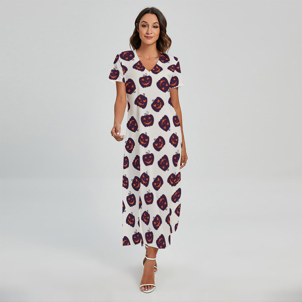 Purple Halloween Pumpkin Pattern Print Short Sleeve Maxi Dress