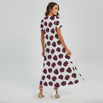 Purple Halloween Pumpkin Pattern Print Short Sleeve Maxi Dress