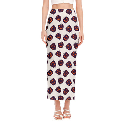 Purple Halloween Pumpkin Pattern Print Side Slit Maxi Skirt