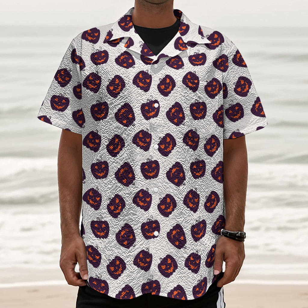 Purple Halloween Pumpkin Pattern Print Textured Short Sleeve Shirt