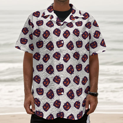 Purple Halloween Pumpkin Pattern Print Textured Short Sleeve Shirt