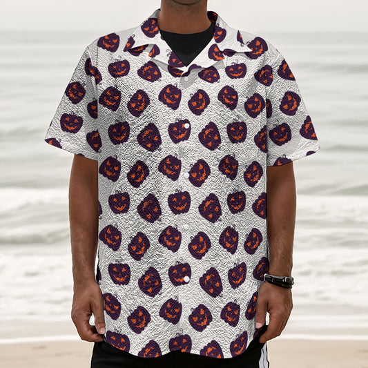 Purple Halloween Pumpkin Pattern Print Textured Short Sleeve Shirt