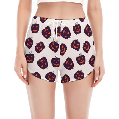 Purple Halloween Pumpkin Pattern Print Women's Split Running Shorts
