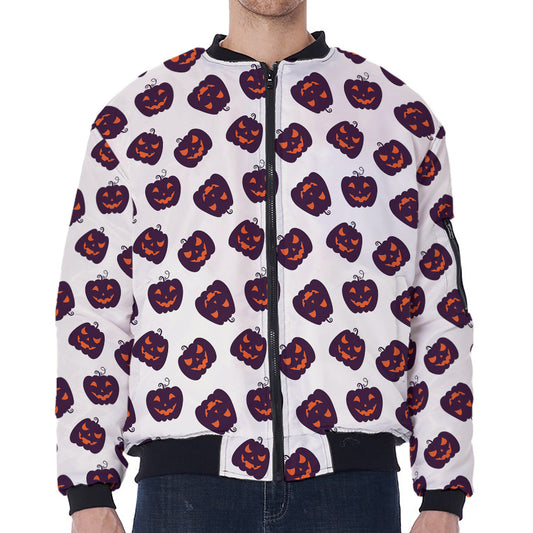 Purple Halloween Pumpkin Pattern Print Zip Sleeve Bomber Jacket