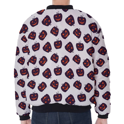 Purple Halloween Pumpkin Pattern Print Zip Sleeve Bomber Jacket