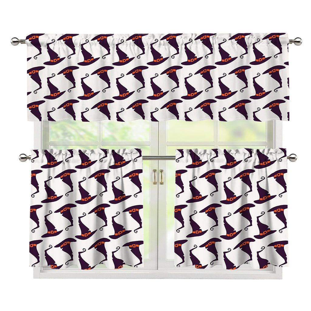 Purple Halloween Witch Hat Pattern Print 3 Piece Kitchen Curtains