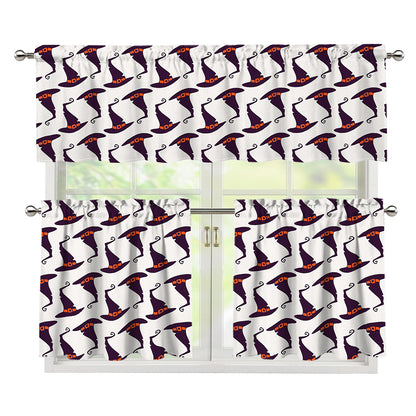 Purple Halloween Witch Hat Pattern Print 3 Piece Kitchen Curtains