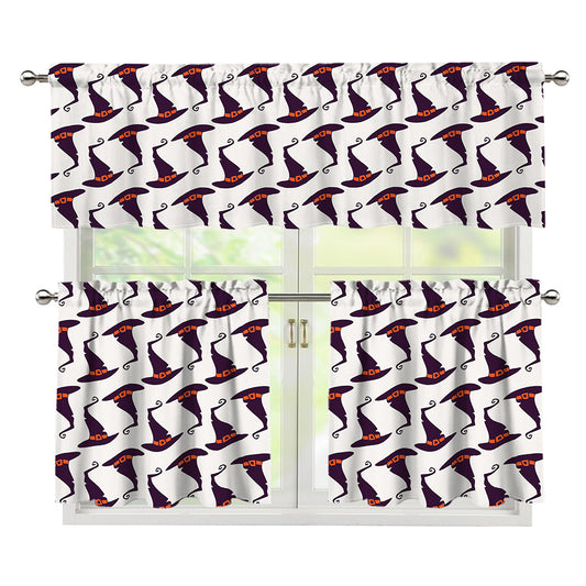 Purple Halloween Witch Hat Pattern Print 3 Piece Kitchen Curtains