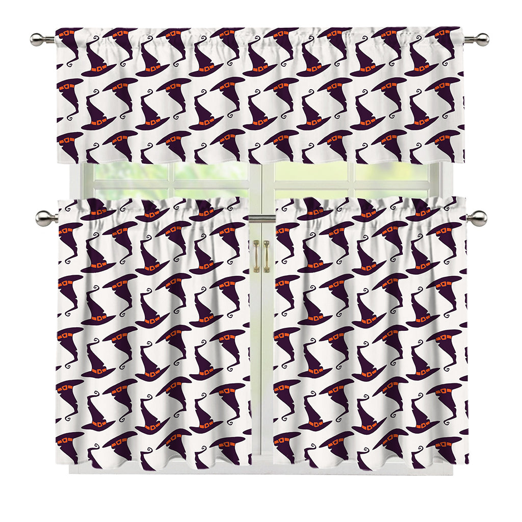 Purple Halloween Witch Hat Pattern Print 3 Piece Kitchen Curtains