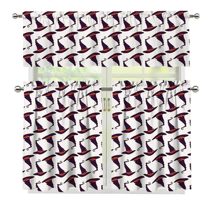 Purple Halloween Witch Hat Pattern Print 3 Piece Kitchen Curtains