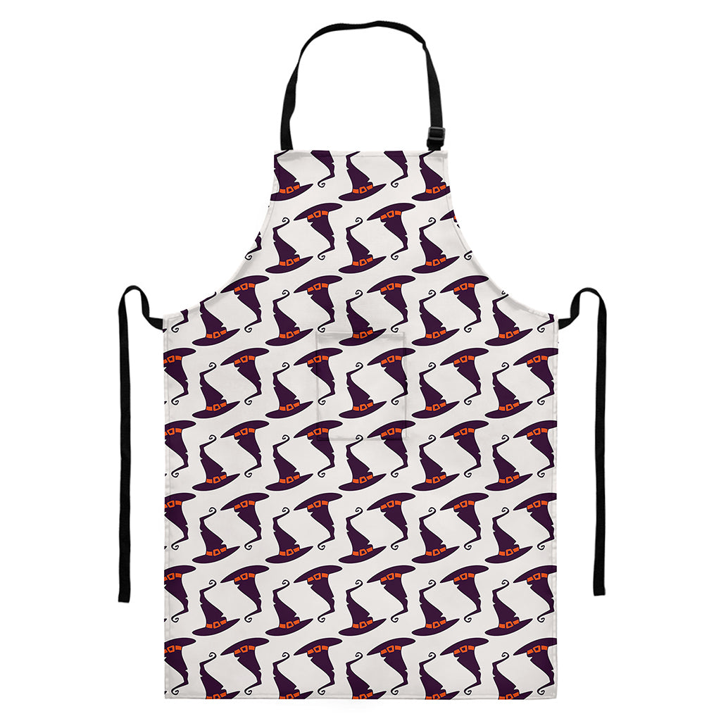Purple Halloween Witch Hat Pattern Print Bib Apron With Pocket