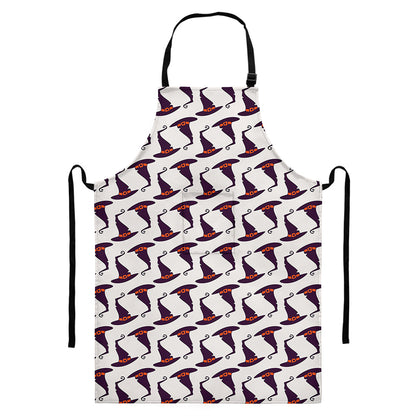 Purple Halloween Witch Hat Pattern Print Bib Apron With Pocket