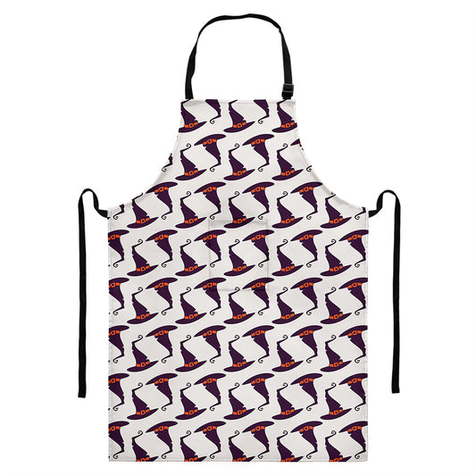 Purple Halloween Witch Hat Pattern Print Bib Apron With Pocket