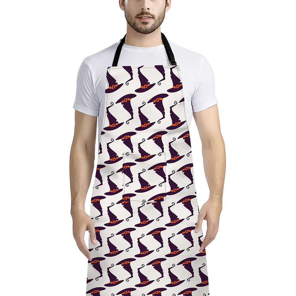 Purple Halloween Witch Hat Pattern Print Bib Apron With Pocket
