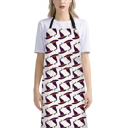 Purple Halloween Witch Hat Pattern Print Bib Apron With Pocket