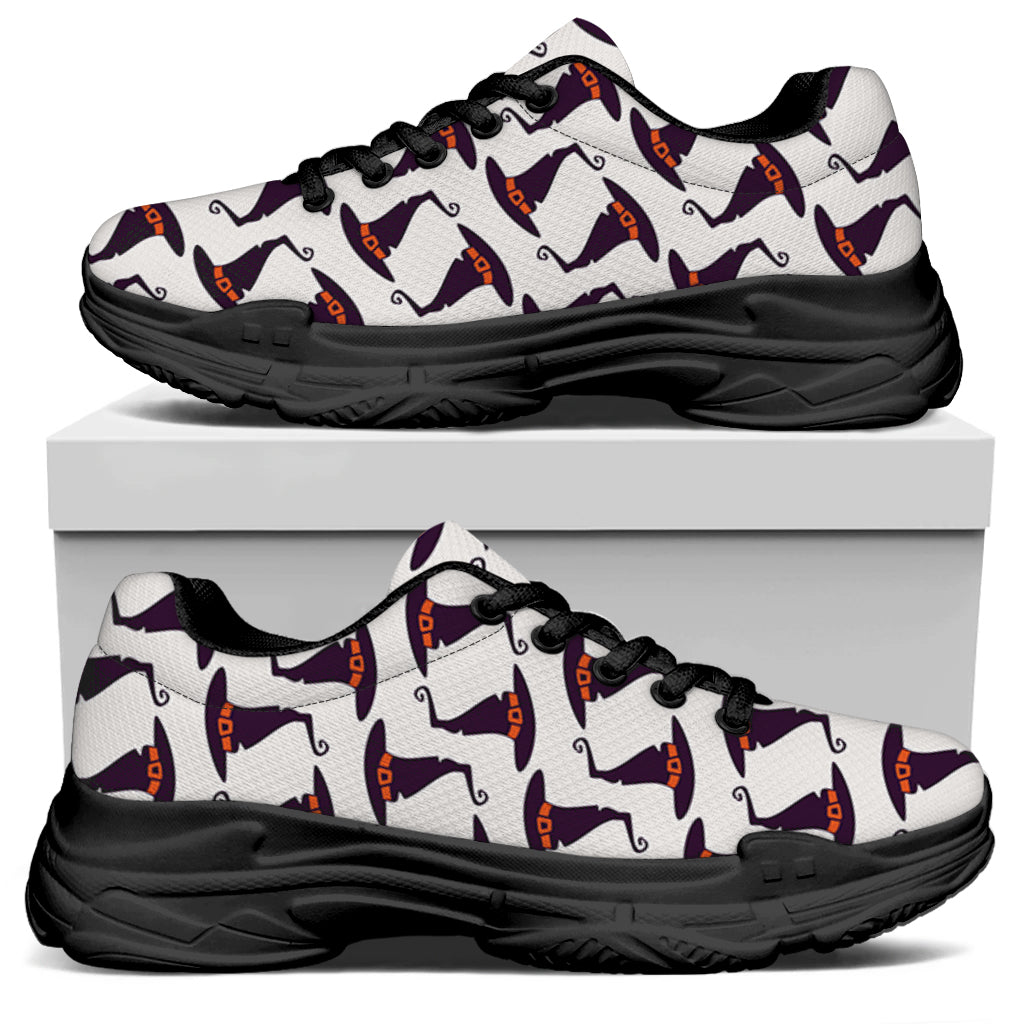 Purple Halloween Witch Hat Pattern Print Black Chunky Shoes