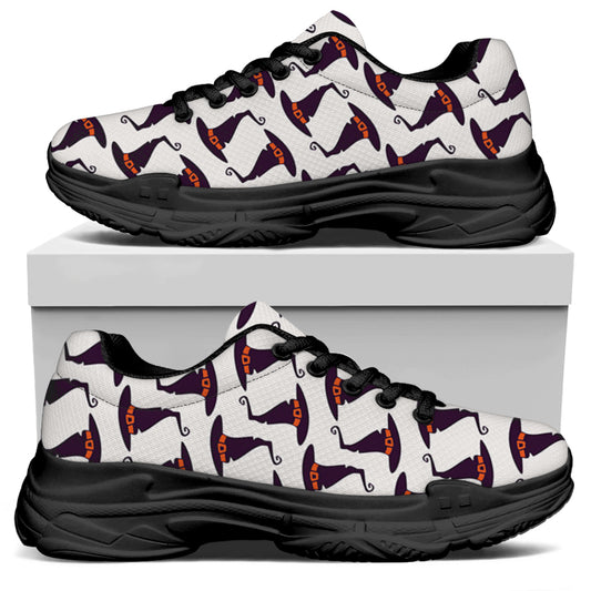 Purple Halloween Witch Hat Pattern Print Black Chunky Shoes