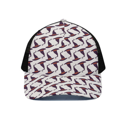 Purple Halloween Witch Hat Pattern Print Black Mesh Trucker Cap