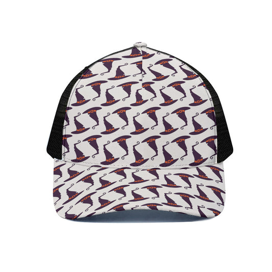 Purple Halloween Witch Hat Pattern Print Black Mesh Trucker Cap