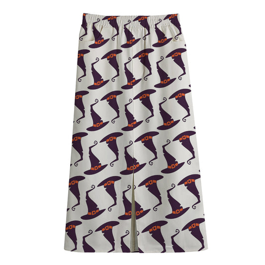Purple Halloween Witch Hat Pattern Print Cotton Front Slit Maxi Skirt