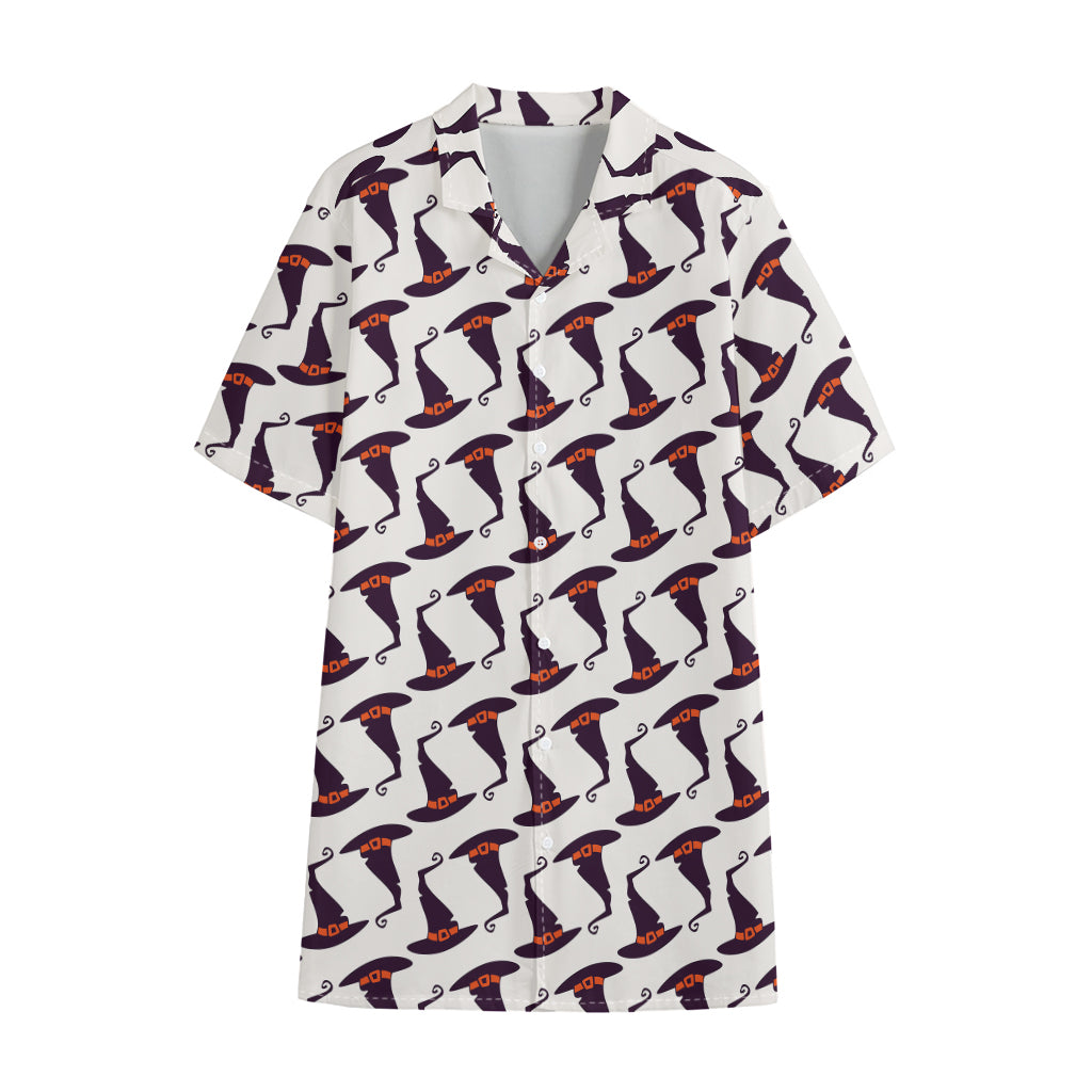 Purple Halloween Witch Hat Pattern Print Cotton Hawaiian Shirt