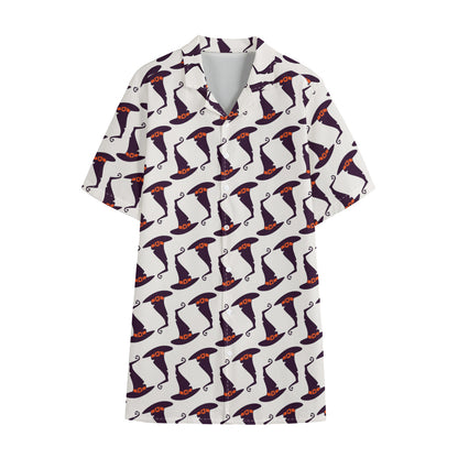 Purple Halloween Witch Hat Pattern Print Cotton Hawaiian Shirt