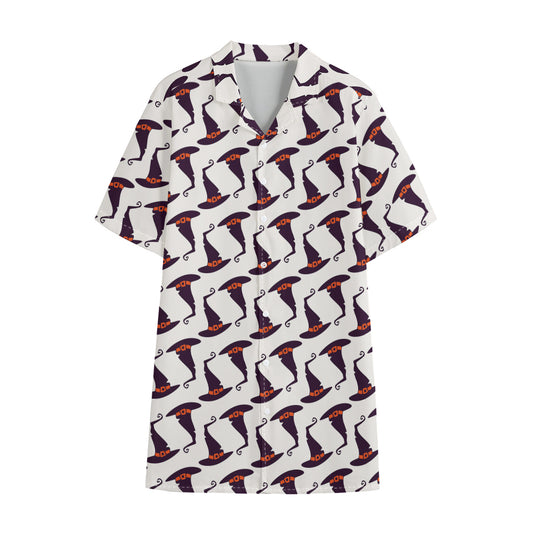 Purple Halloween Witch Hat Pattern Print Cotton Hawaiian Shirt