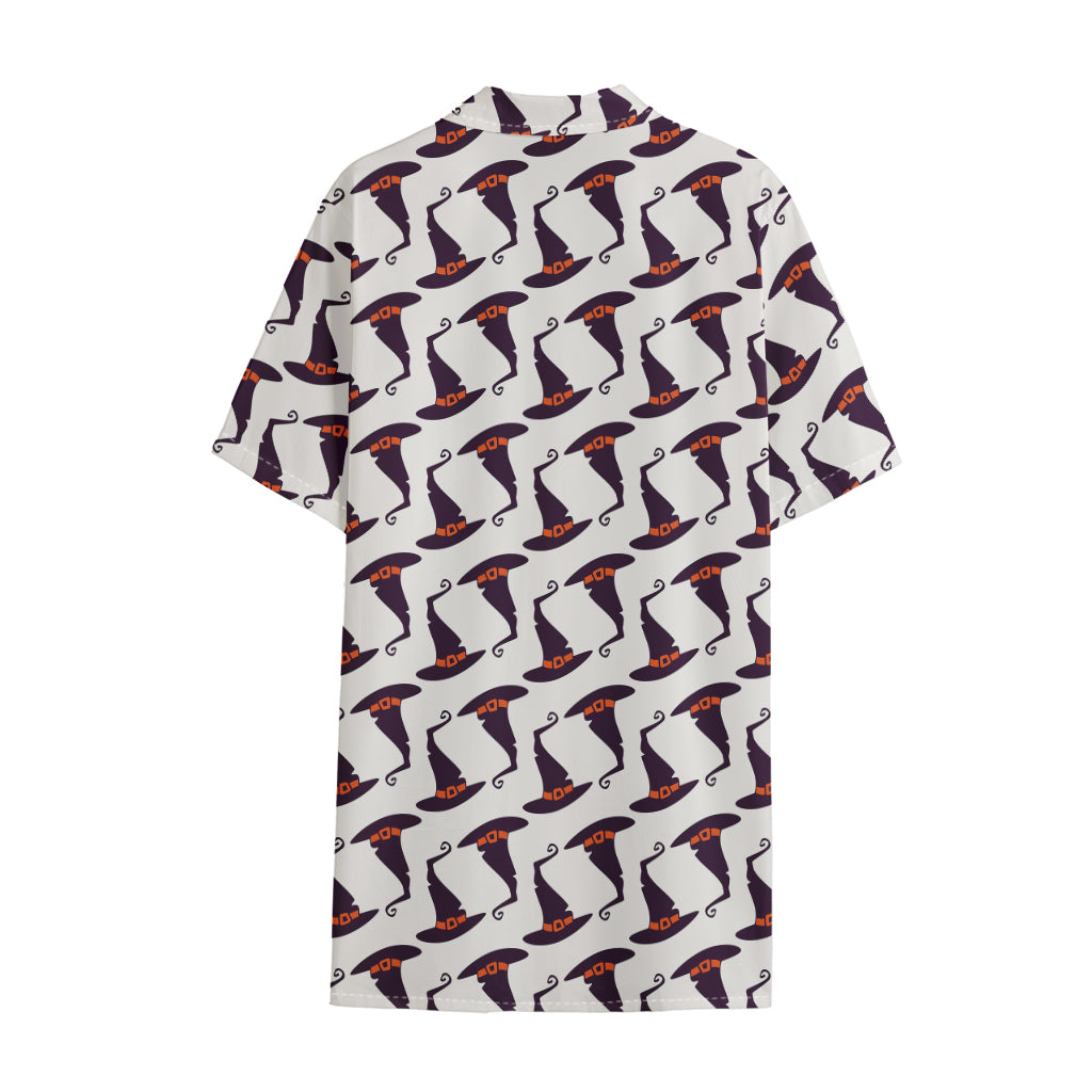 Purple Halloween Witch Hat Pattern Print Cotton Hawaiian Shirt