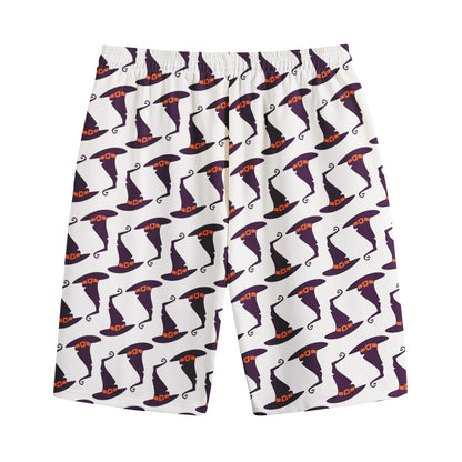 Purple Halloween Witch Hat Pattern Print Cotton Shorts
