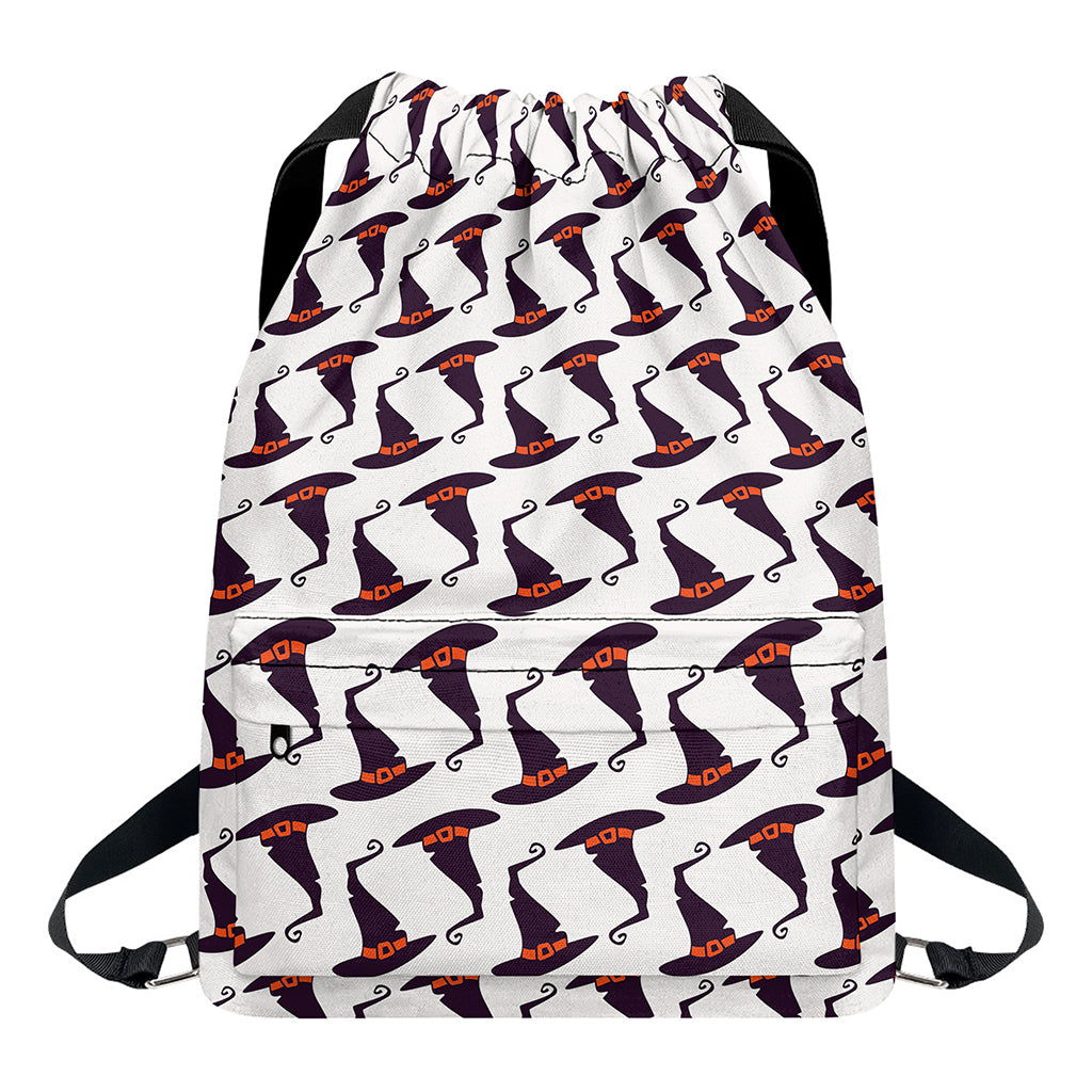 Purple Halloween Witch Hat Pattern Print Drawstring Backpack