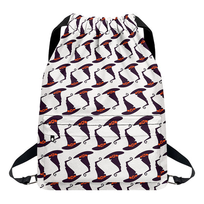Purple Halloween Witch Hat Pattern Print Drawstring Backpack
