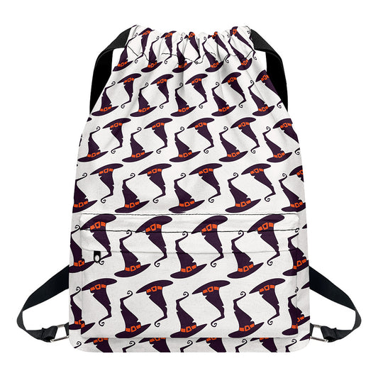 Purple Halloween Witch Hat Pattern Print Drawstring Backpack