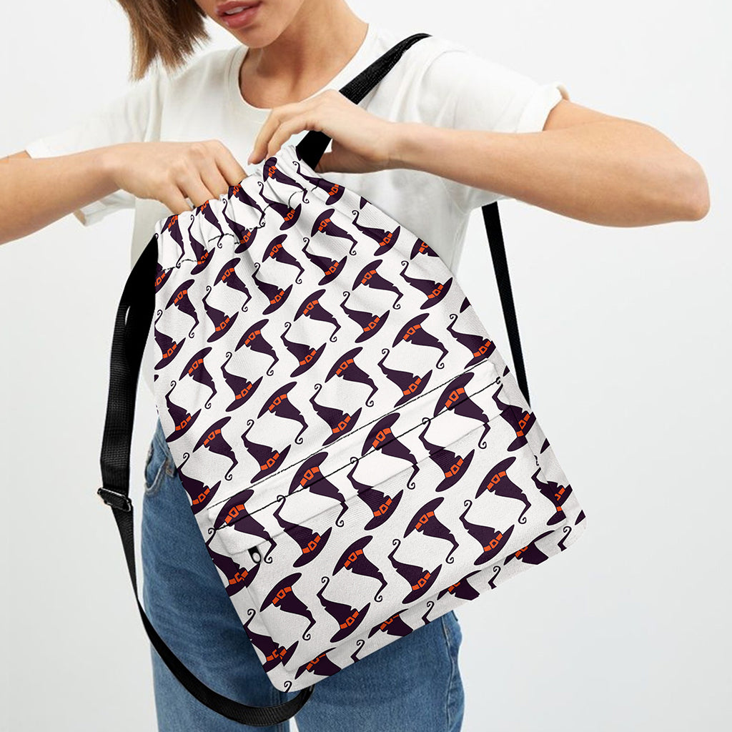 Purple Halloween Witch Hat Pattern Print Drawstring Backpack