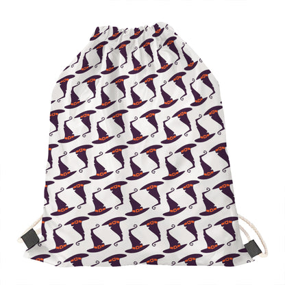 Purple Halloween Witch Hat Pattern Print Drawstring Bag
