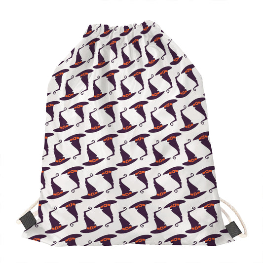Purple Halloween Witch Hat Pattern Print Drawstring Bag