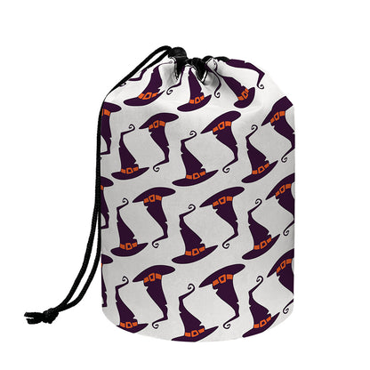 Purple Halloween Witch Hat Pattern Print Drawstring Makeup Bag