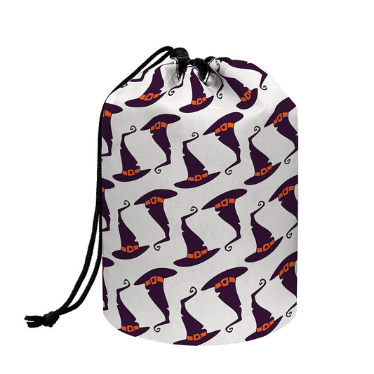 Purple Halloween Witch Hat Pattern Print Drawstring Makeup Bag